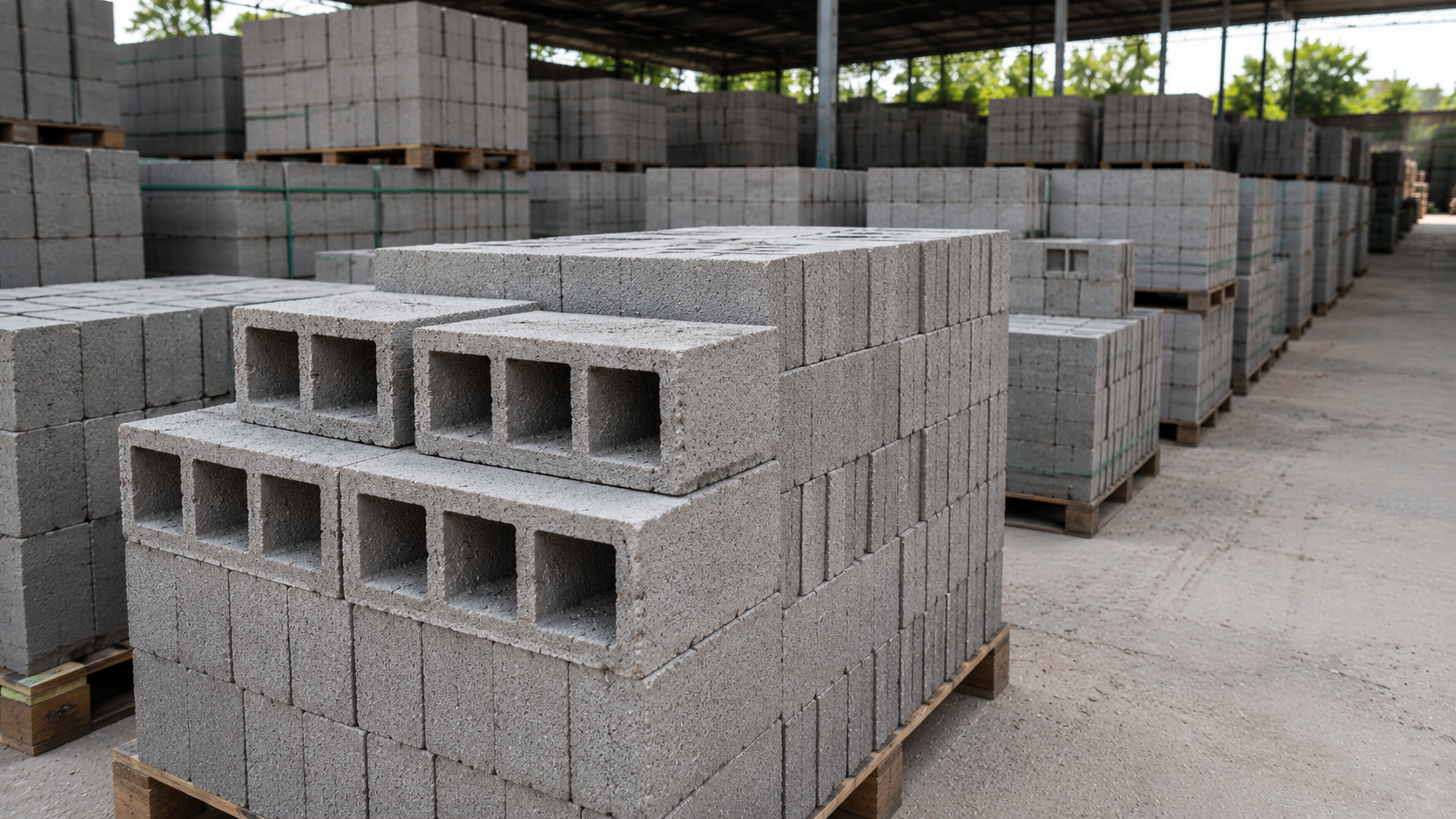 Concrete hollow blocks stacked in a material yard