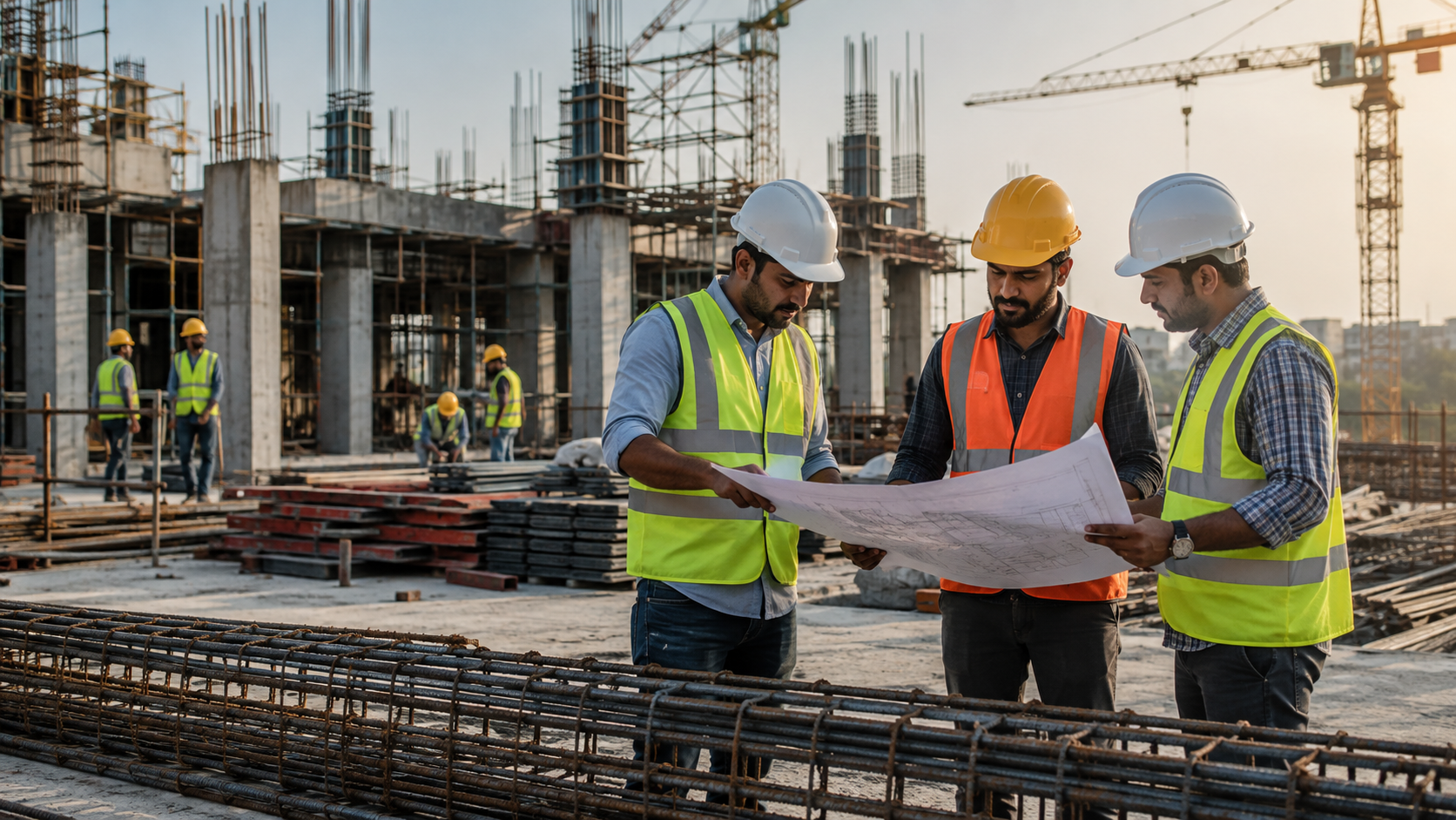 Civil contractors in safety helmets reviewing drawings at a construction site