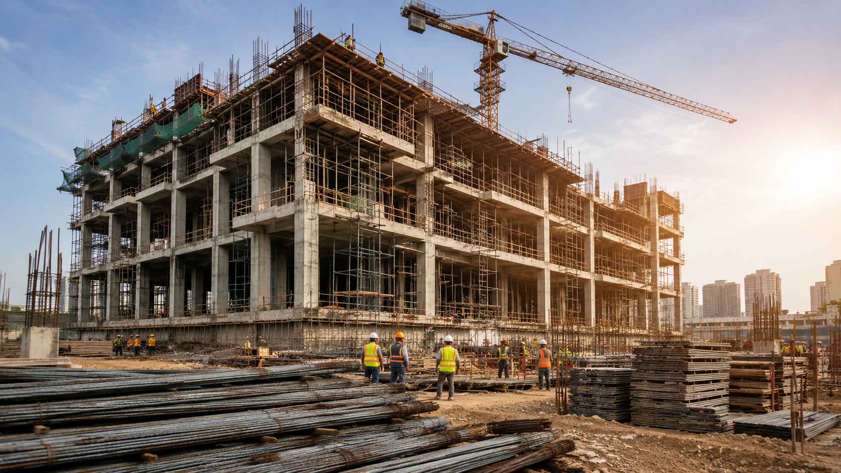 Commercial office building under construction with glass facade