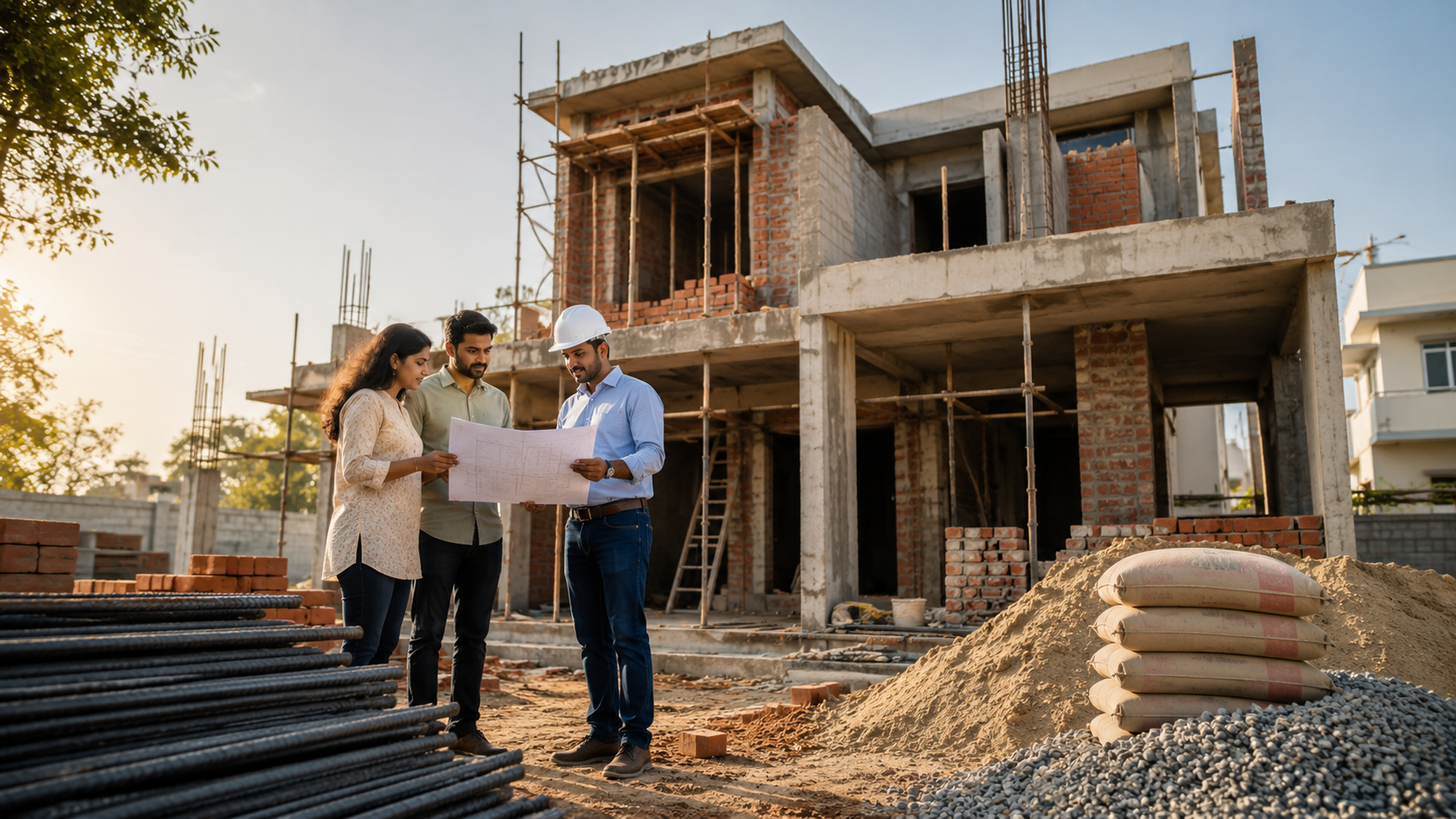 Individual brick house under construction with materials stacked outside