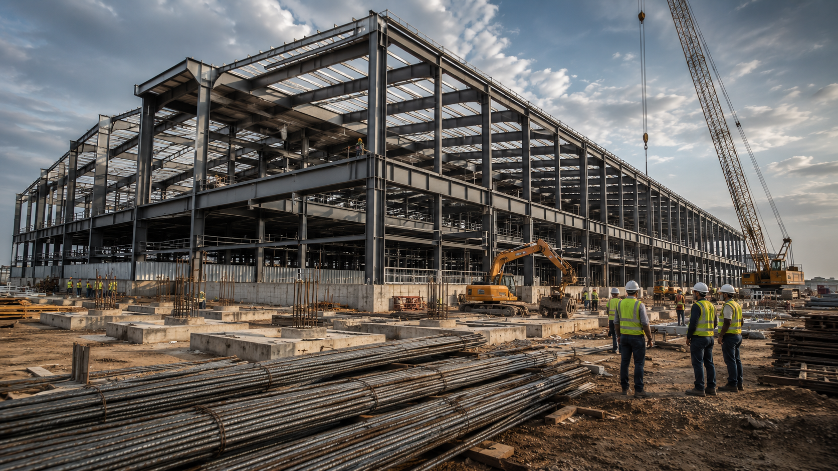 Industrial warehouse shed under construction with steel structure
