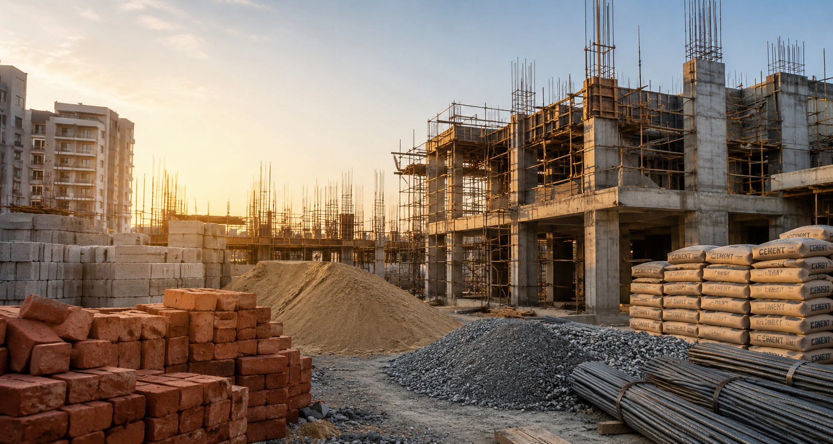 Construction site with stacked cement bags, bricks and steel reinforcement bars at sunrise