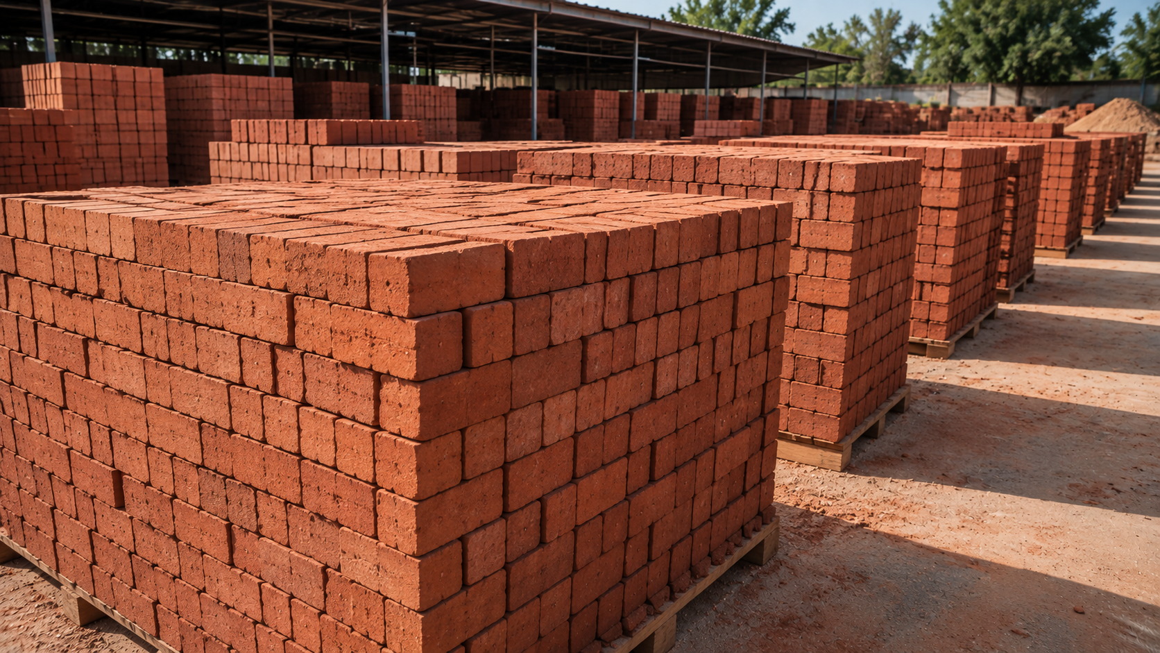 Neatly stacked red clay bricks at a construction supply yard