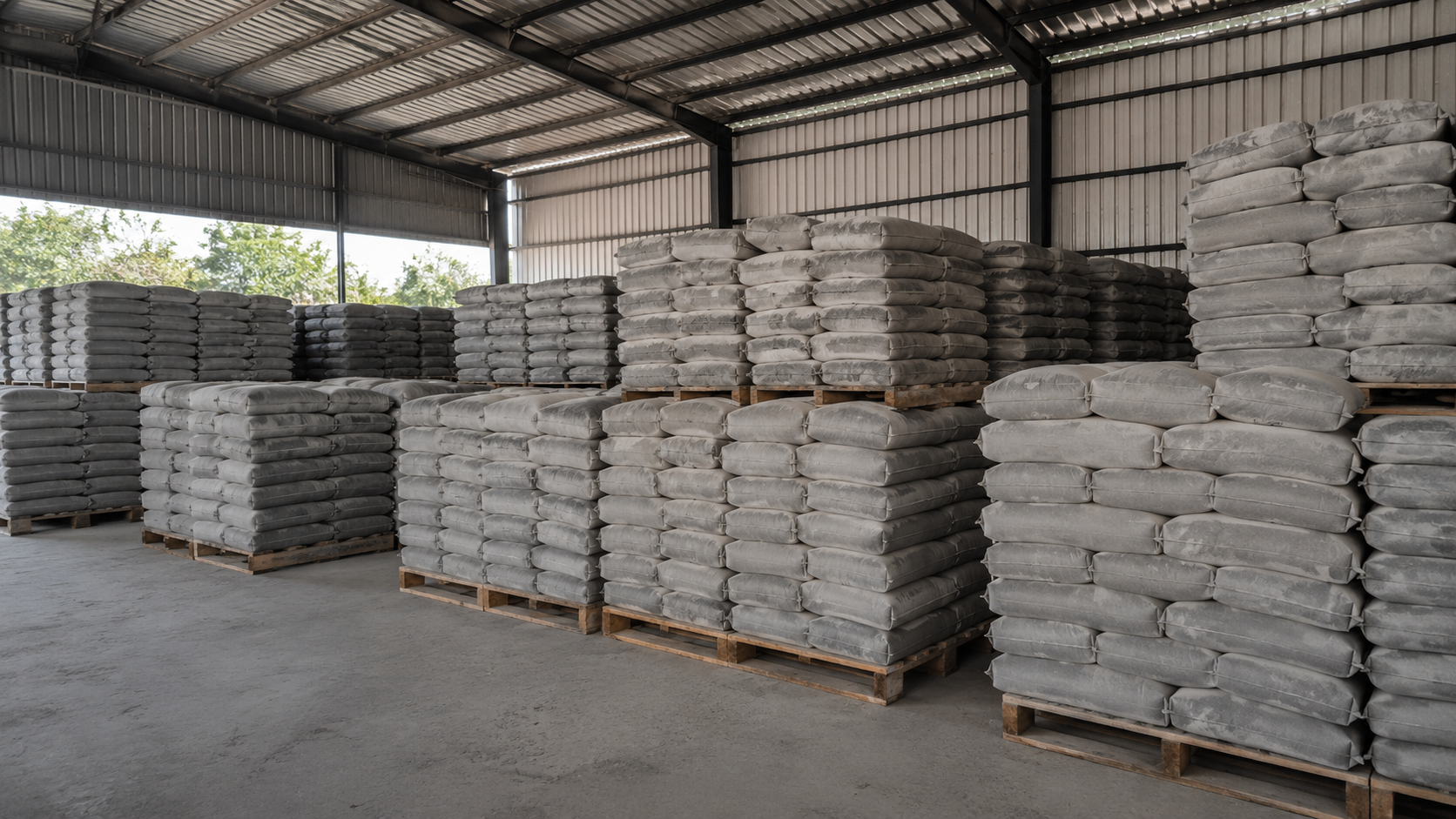 Stacked grey cement bags on pallets in a warehouse