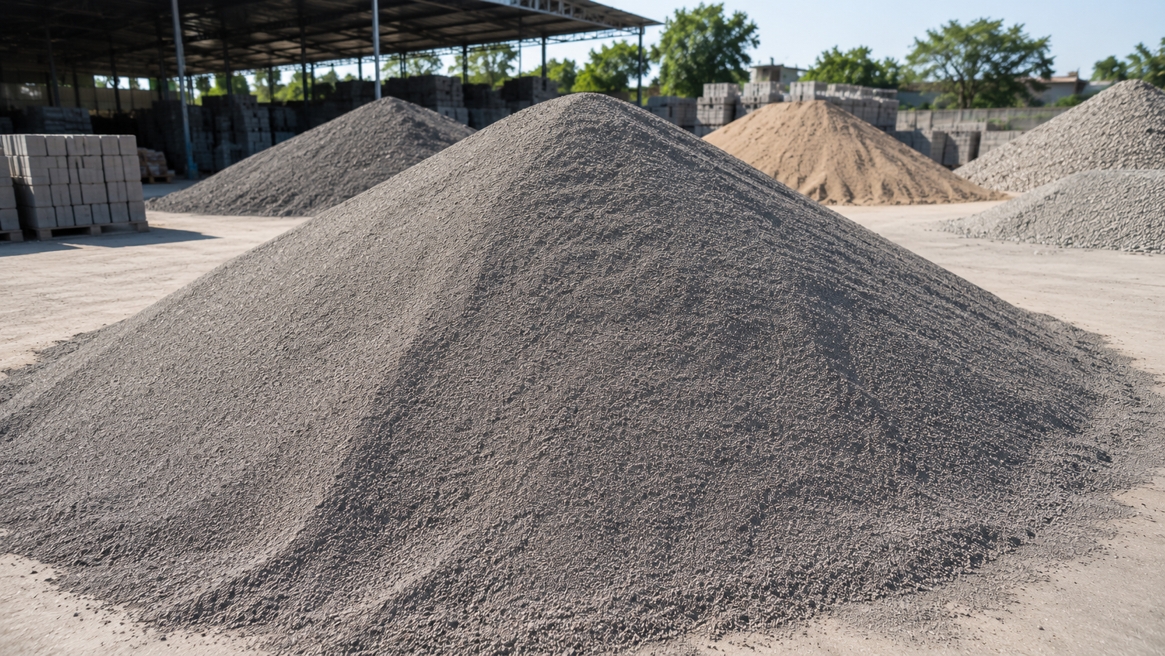 Large pile of grey manufactured M-sand at a construction material yard