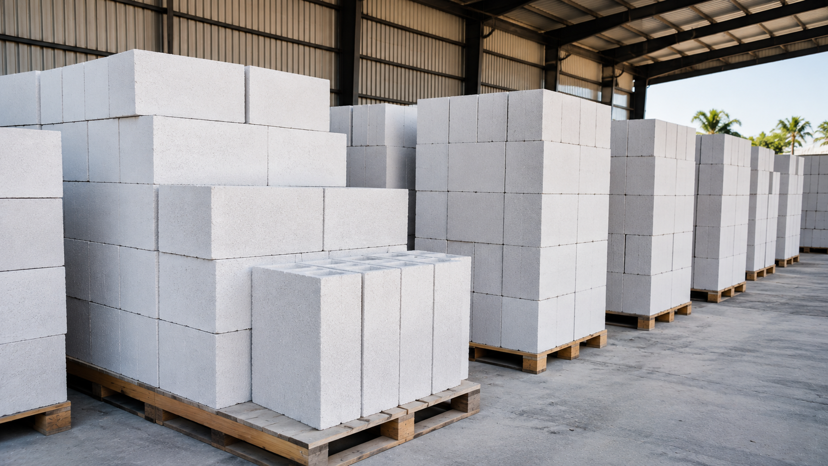 Rows of stacked solid concrete blocks at a material depot