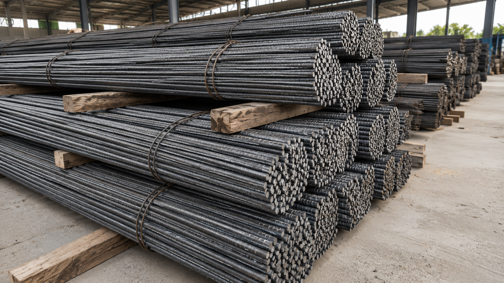 Bundles of ribbed TMT reinforcement steel bars stacked at a supply yard